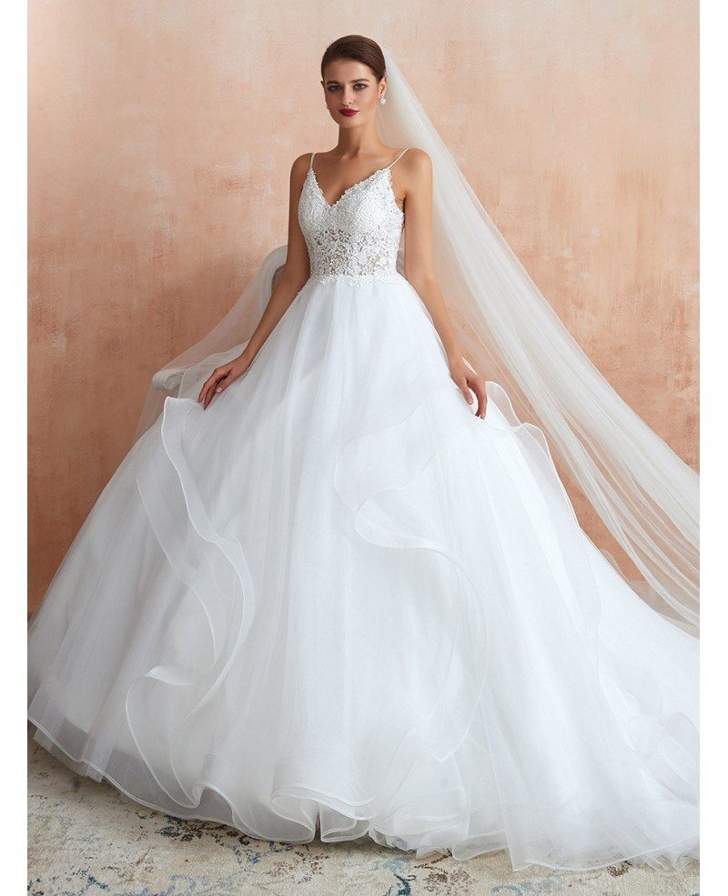 Elegant Princess Lace Tulle Ball Gown Wedding Dress With Spaghetti Straps