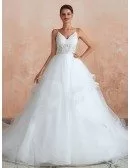 Elegant Princess Lace Tulle Ball Gown Wedding Dress With Spaghetti Straps