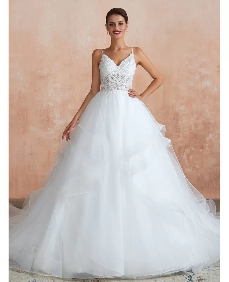 Elegant Princess Lace Tulle Ball Gown Wedding Dress With Spaghetti Straps Ez34369 6012