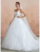 Elegant Princess Lace Tulle Ball Gown Wedding Dress With Spaghetti Straps