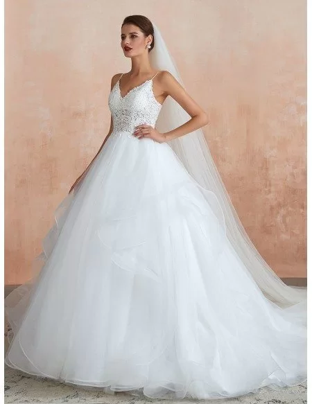 Elegant Princess Lace Tulle Ball Gown Wedding Dress With Spaghetti ...