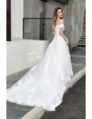 Gorgeous White Lace Wedding Dress Off Shoulder With Long Train