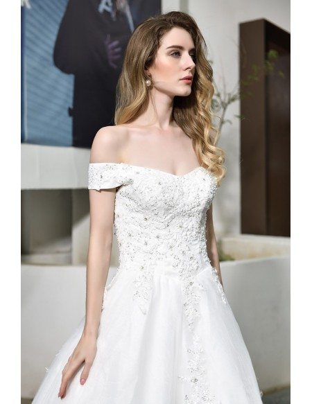 Gorgeous White Lace Wedding Dress Off Shoulder With Long Train