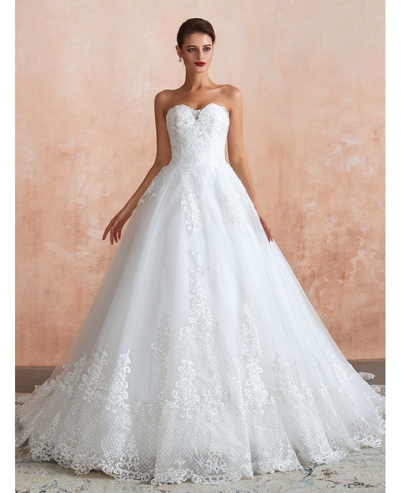 Strapless Princess White Sequin Lace Long Wedding Dress With Train Ez39367 