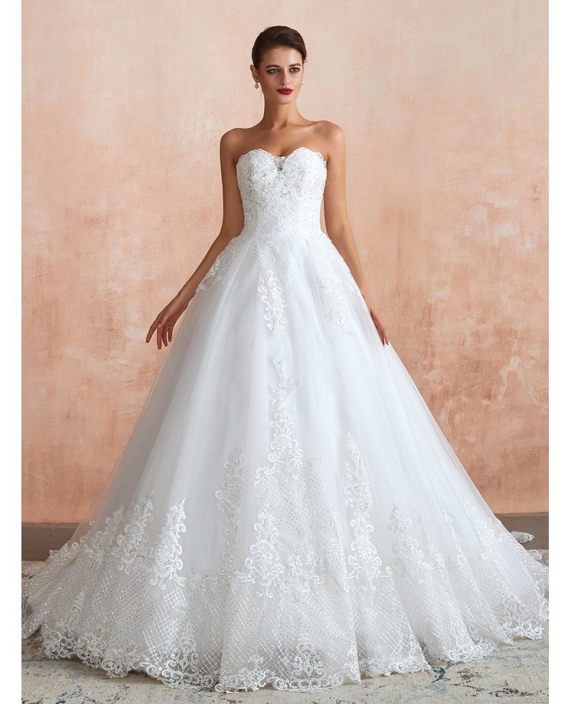 Strapless Princess White Sequin Lace Long Wedding Dress With Train EZ39367 GemGrace