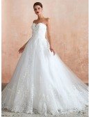 Strapless Princess White Sequin Lace Long Wedding Dress With Train