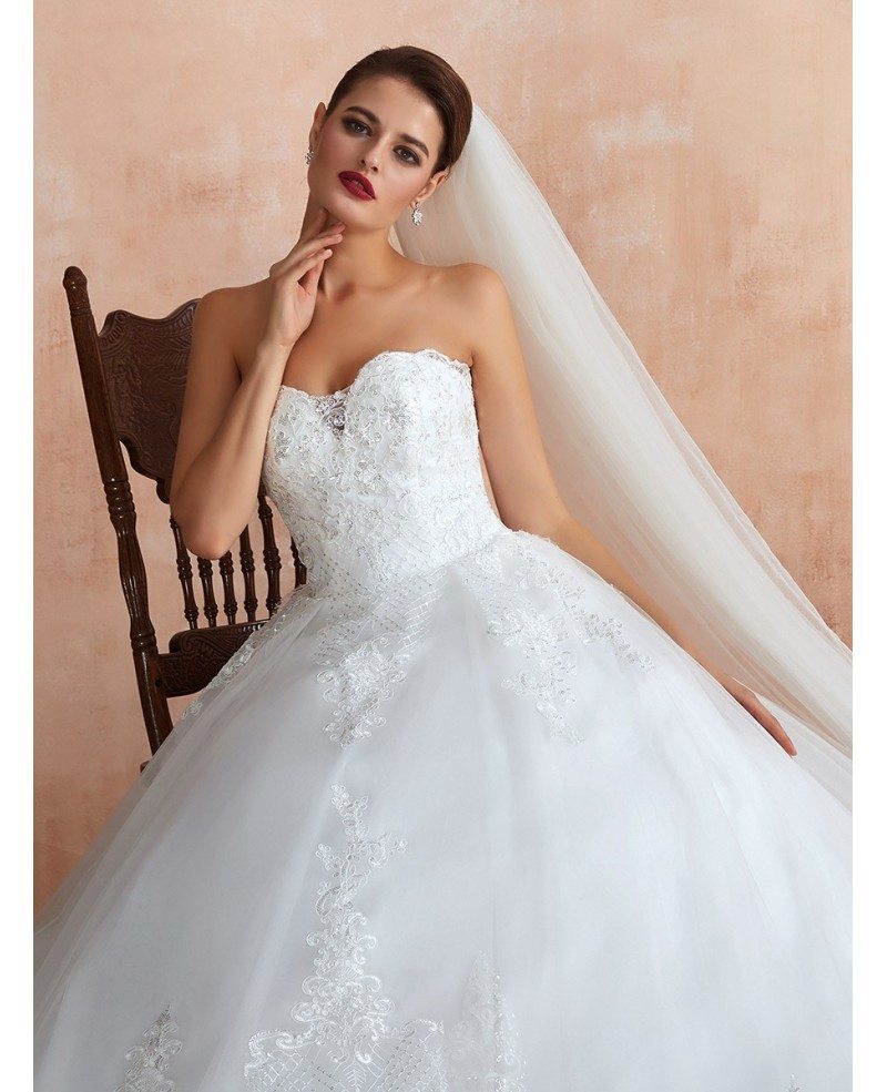 Strapless Princess White Sequin Lace Long Wedding Dress With Train Ez39367