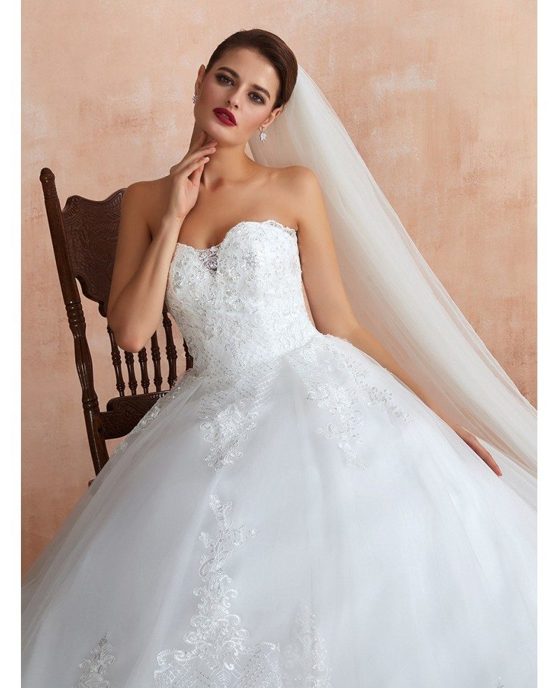 Strapless Princess White Sequin Lace Long Wedding Dress With Train EZ39367 GemGrace