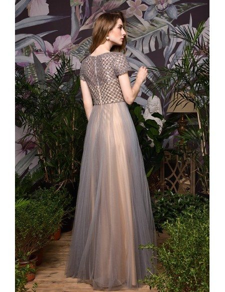 High-end Beaded Sequins Grey Tulle Celebrities Prom Dress With Sleeves