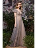 High-end Beaded Sequins Grey Tulle Celebrities Prom Dress With Sleeves