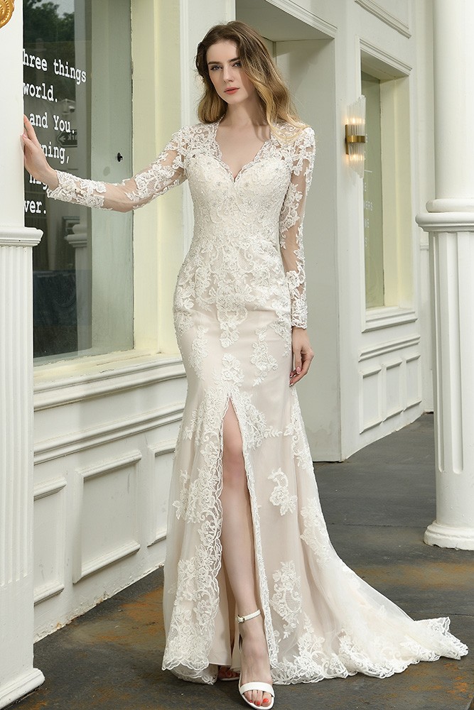 High Quality Split Front Lace Wedding Dress With Lace Long Sleeves #EZ47394  - GemGrace.com
