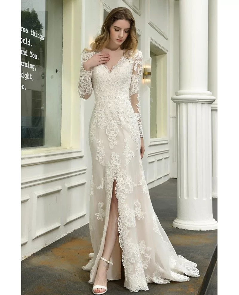 High Quality Split Front Lace Wedding Dress With Lace Long Sleeves # ...