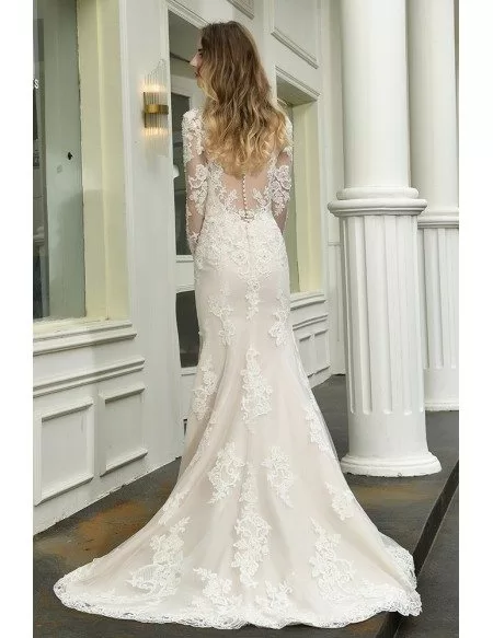 High Quality Split Front Lace Wedding Dress With Lace Long Sleeves