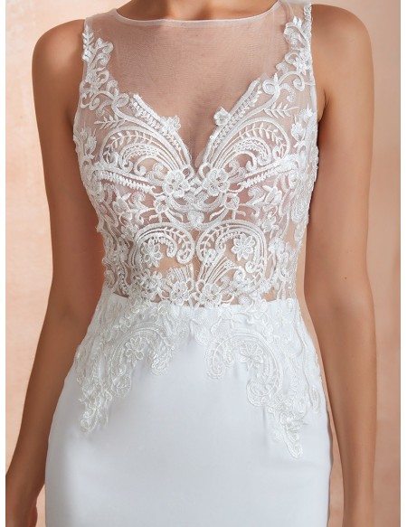 Sleeveless Mermaid Chiffon Long Beach Wedding Dress With See-through Lace Bodice