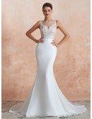 Sleeveless Mermaid Chiffon Long Beach Wedding Dress With See-through Lace Bodice
