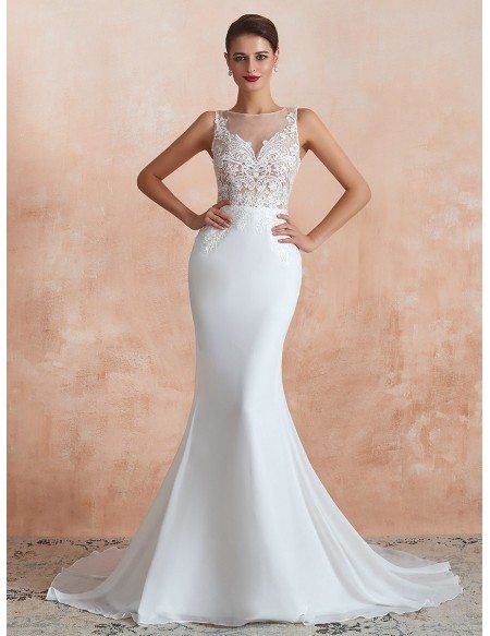 Sleeveless Mermaid Chiffon Long Beach Wedding Dress With See-through Lace Bodice