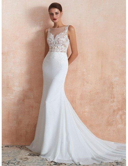 Sleeveless Mermaid Chiffon Long Beach Wedding Dress With See-through Lace Bodice