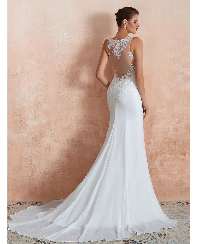 Sleeveless Mermaid Chiffon Long Beach Wedding Dress With See through Lace Bodice EZ36373