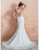 Sleeveless Mermaid Chiffon Long Beach Wedding Dress With See-through Lace Bodice