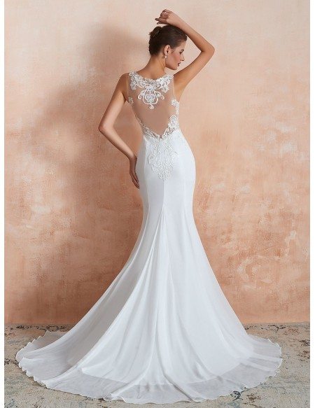 Sleeveless Mermaid Chiffon Long Beach Wedding Dress With See-through Lace Bodice