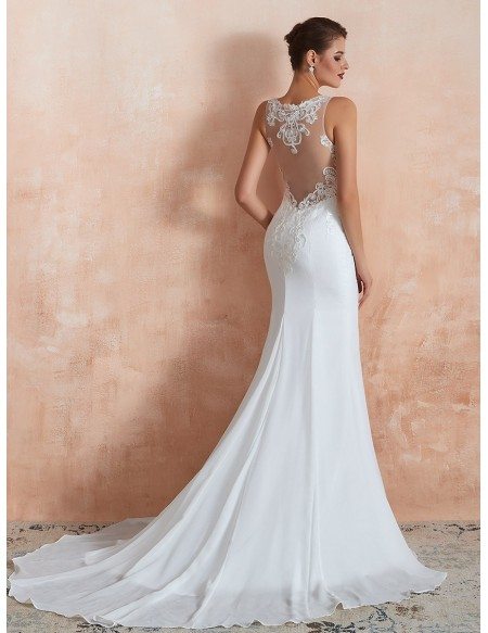 Sleeveless Mermaid Chiffon Long Beach Wedding Dress With See-through Lace Bodice