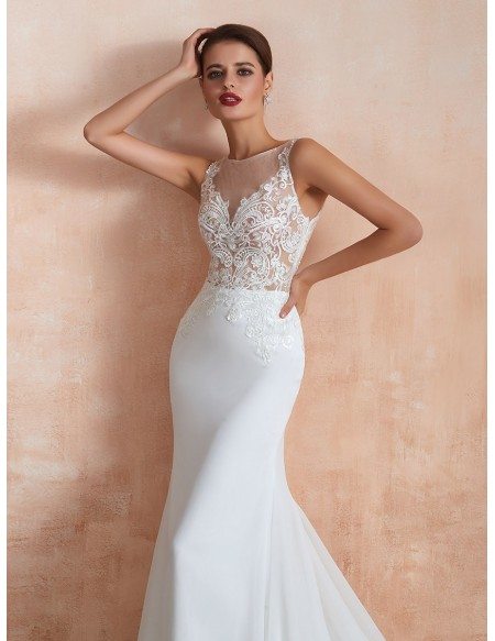 Sleeveless Mermaid Chiffon Long Beach Wedding Dress With See-through Lace Bodice