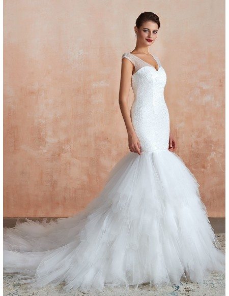 Fit And Flare Sequin Sweetheart Wedding Dress With Cascading Ruffles