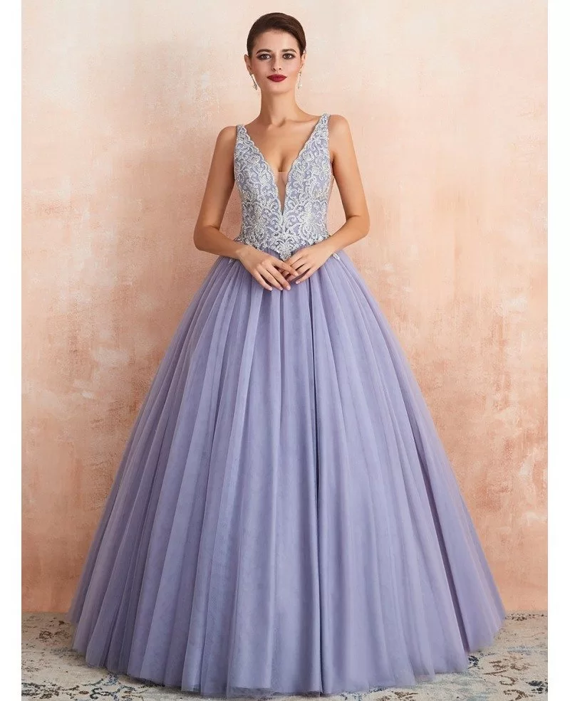 Low Back Ballgown Lavender Color Wedding Dress With Beaded