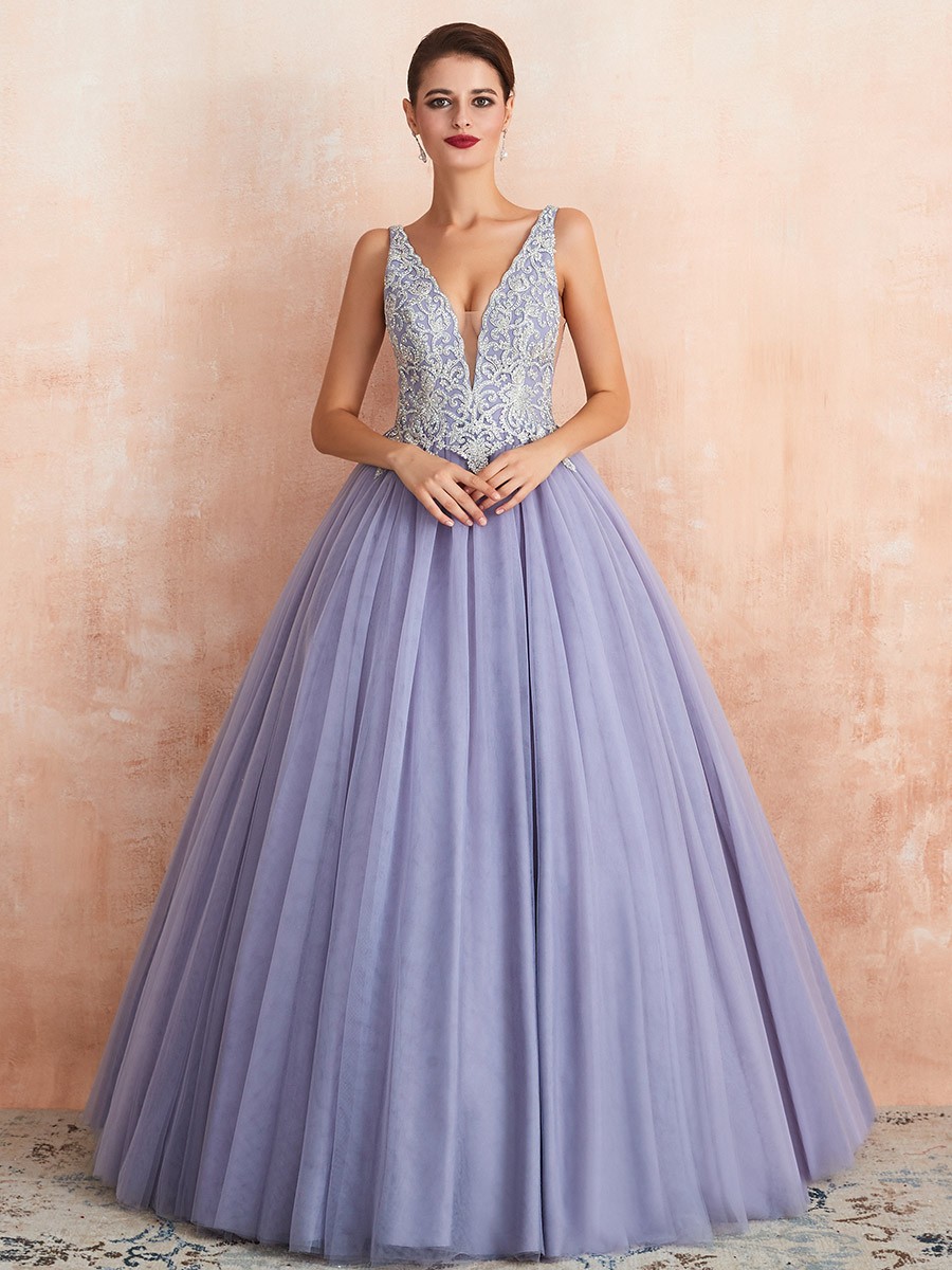 Lavender Beaded A-line Tulle Formal Dress-pokeht.vn