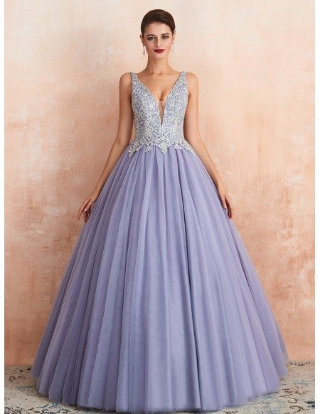 Low Back Ballgown Lavender Color Wedding Dress With Beaded Lace