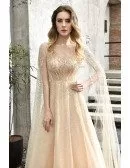 Celebrities Full Beaded Champagne Long Prom Dress With Long Cape Sleeves