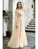 Celebrities Full Beaded Champagne Long Prom Dress With Long Cape Sleeves