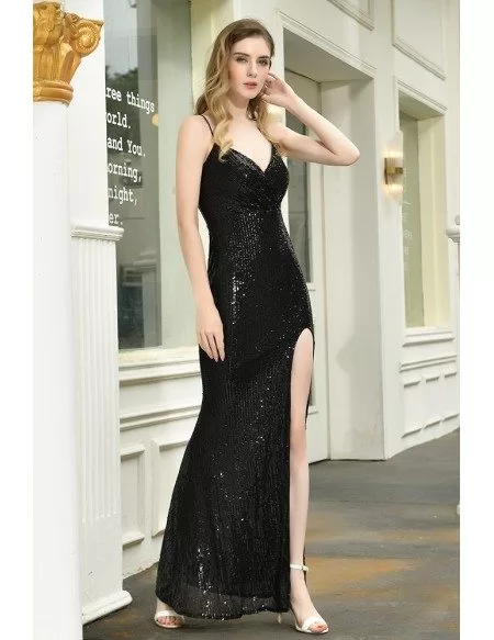 Bling Black Formal Sequins Sparkly Party Dress With Split Spaghetti Straps