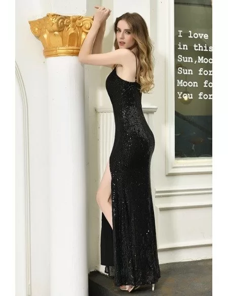 Bling Black Formal Sequins Sparkly Party Dress With Split Spaghetti Straps