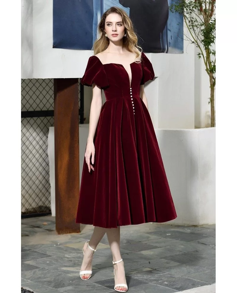 Retro Velvet Tea Length Party Dress Burgundy With Bubble Sleeves #EZ26389 