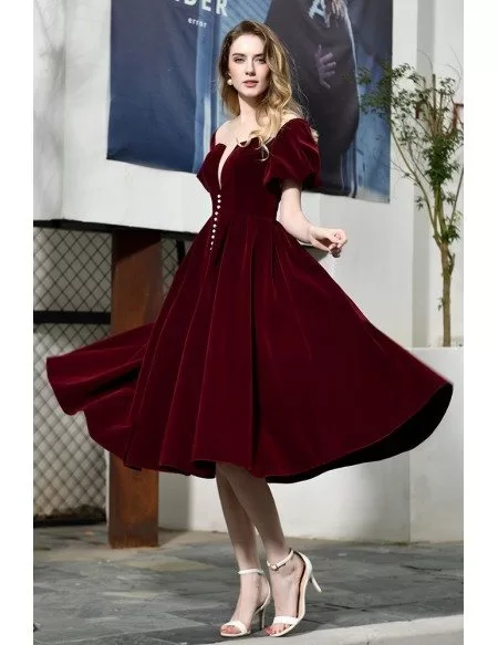 Retro Velvet Tea Length Party Dress Burgundy With Bubble Sleeves # ...