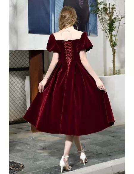Retro Velvet Tea Length Party Dress Burgundy With Bubble Sleeves