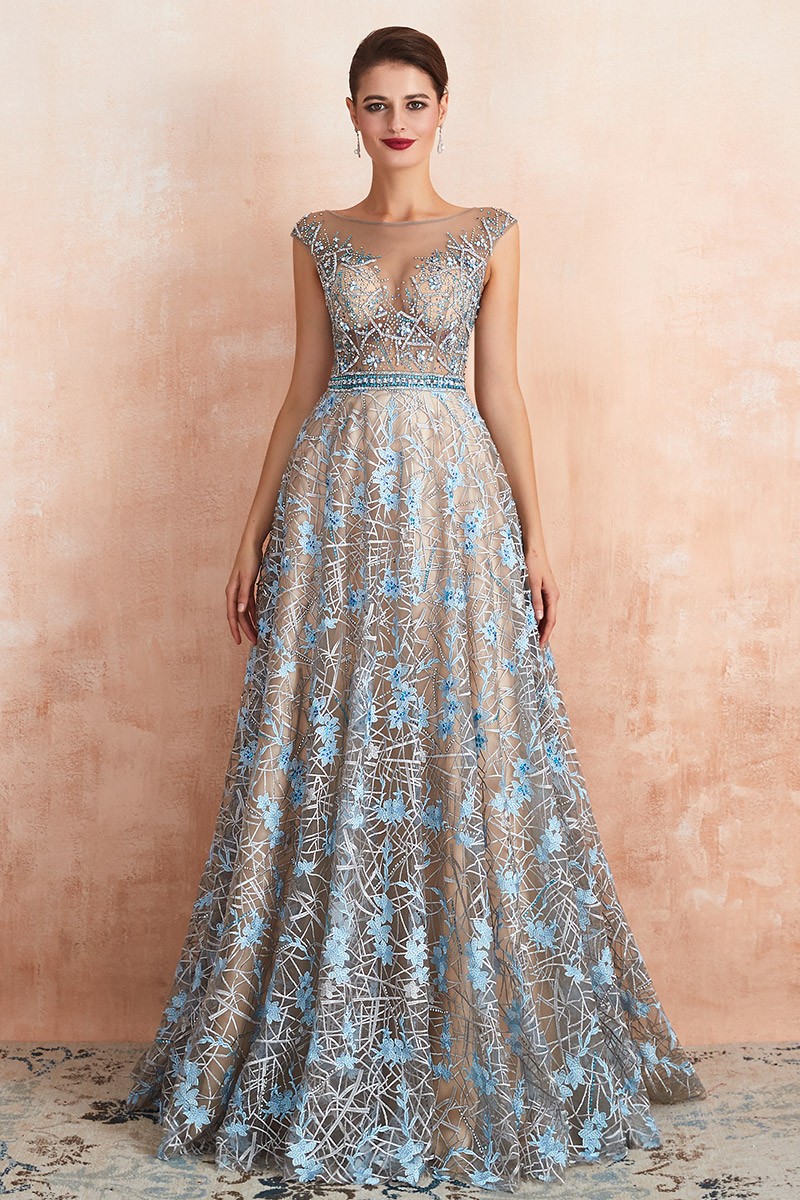 white christmas dresses The Rezzane Champagne Blue Lace Long Dress – WeddingConfetti