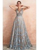 Unique Blue Lace Champagne Long Formal Dress With Crystals