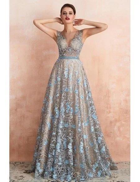 Unique Blue Lace Champagne Long Formal Dress With Crystals