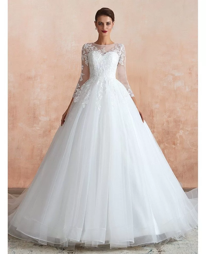 Modest Classic Tulle Lace Long Sleeve Wedding Dress With Big Ball Gown EZ37365 GemGrace