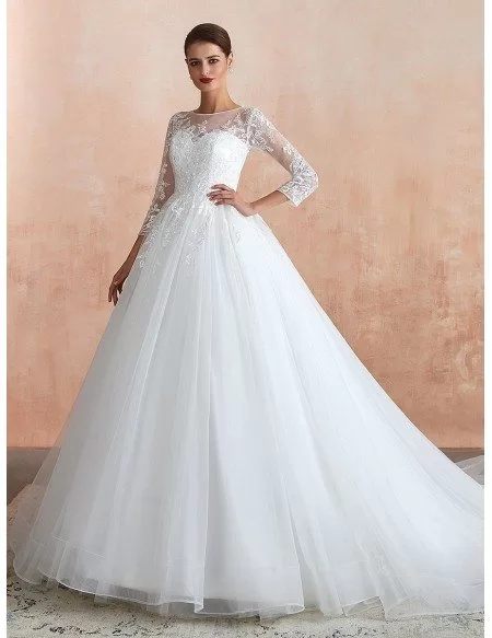Modest Classic Tulle Lace Long Sleeve Wedding Dress With Big Ball Gown