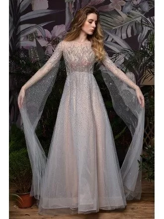 Celebrities Full Beaded Grey Long Prom Dress With Long Cape Sleeves
