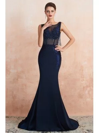 Sleeveless Fitted Mermaid Long Navy Blue Formal Dress With Open Back