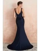 Sleeveless Fitted Mermaid Long Navy Blue Formal Dress With Open Back