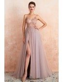 Sexy Pink Beaded Long Tulle Prom Dress With Slit Front