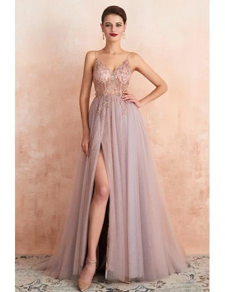 Sexy Pink Beaded Long Tulle Prom Dress With Slit Front