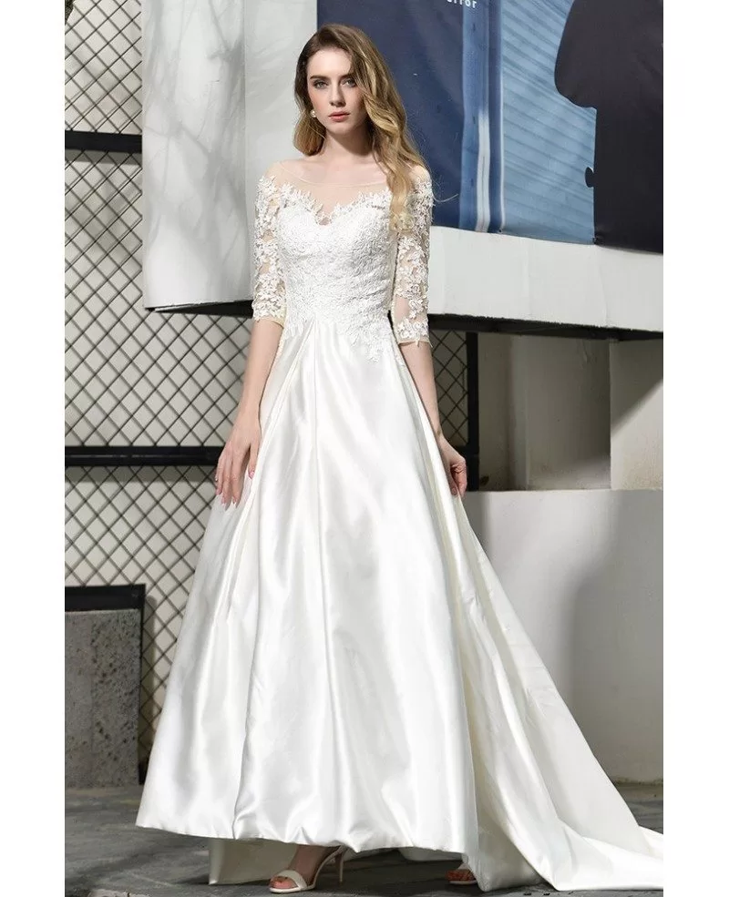 Ivory Satin Wedding Dress Illusion Neck Half Lace Sleeves With Train EZ32387 GemGrace