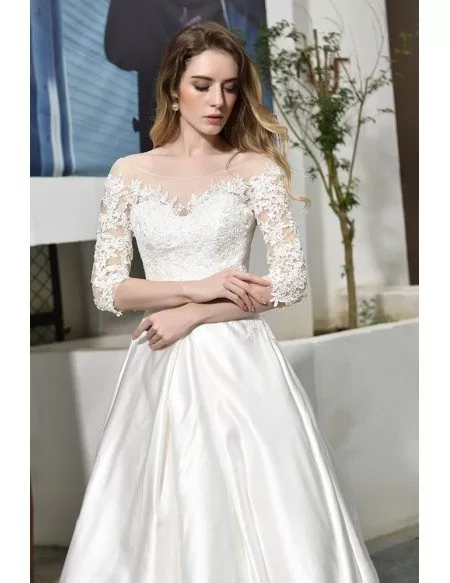 Ivory Satin Wedding Dress Illusion Neck Half Lace Sleeves With Train