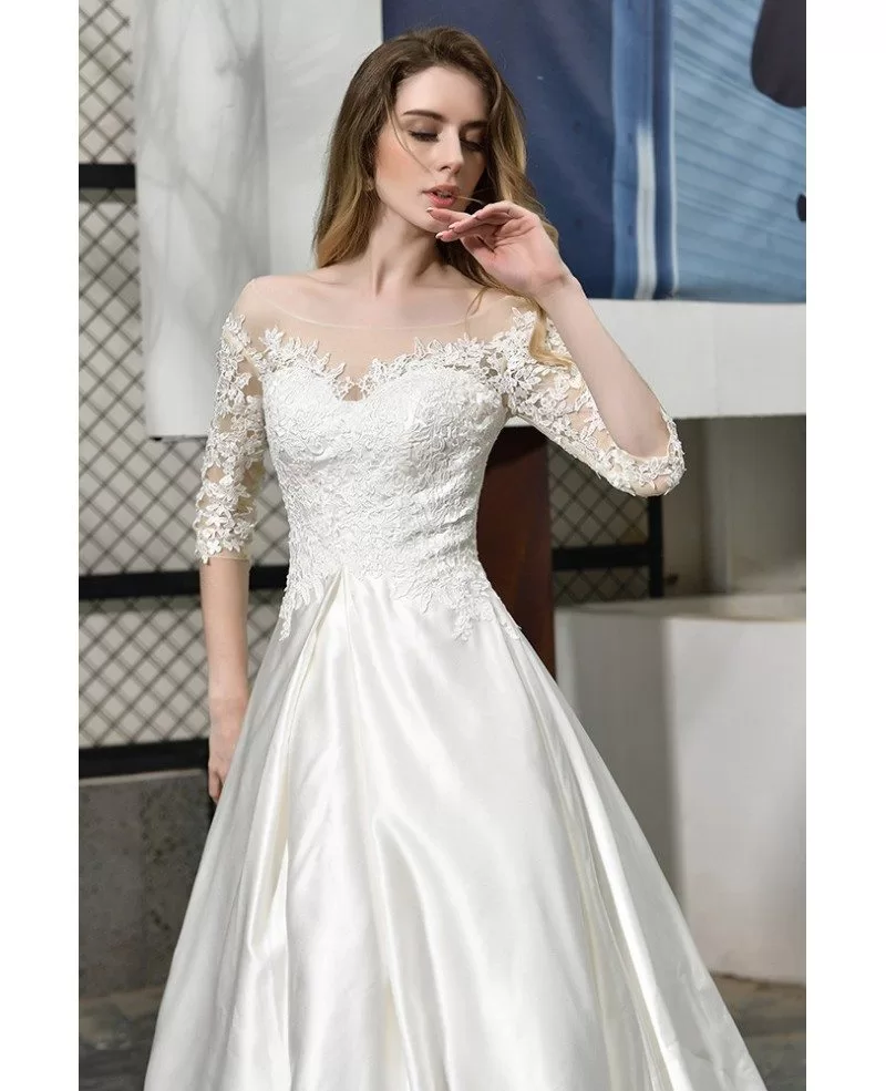 Ivory Satin Wedding Dress Illusion Neck Half Lace Sleeves With Train #